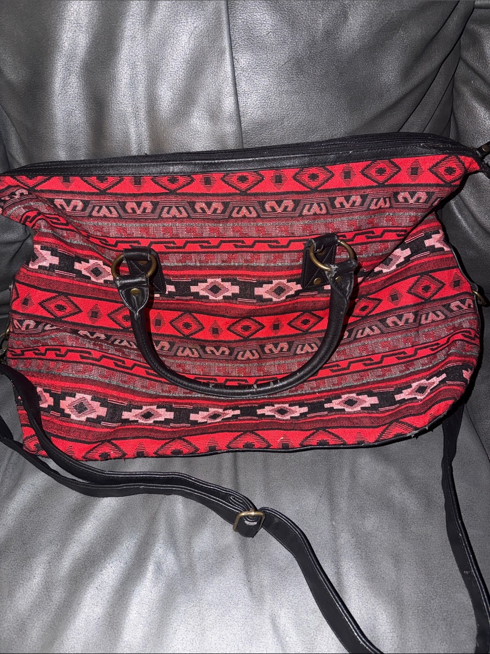 Forever 21 Red Patterned Crossbody Tote with Black Trim